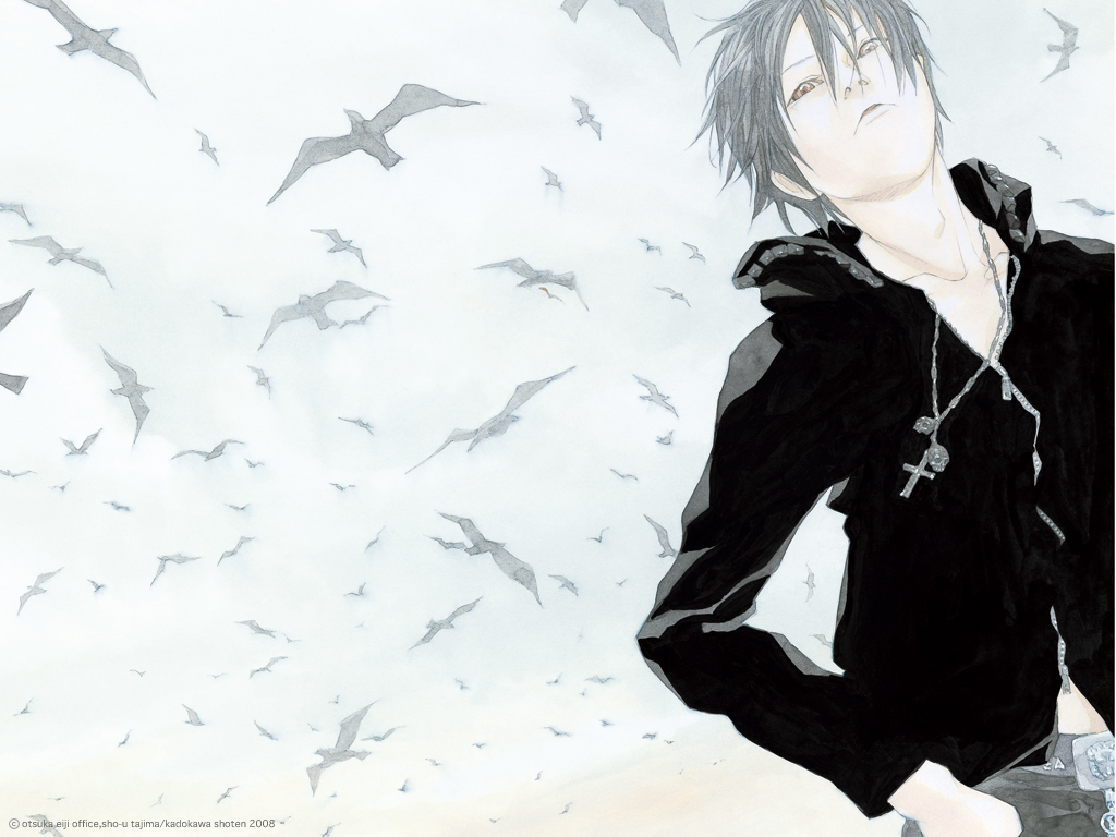 1boy, artist_name, belt, bird, black_hair, brown_eyes, cross, denim