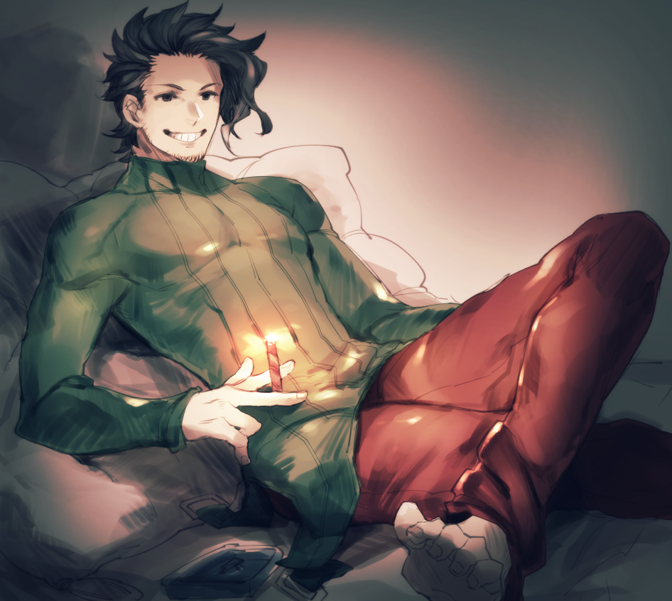 1boy, 3m_0l, black_eyes, black_hair, cigar, crossed_legs, granblue_fantasy, green_shirt