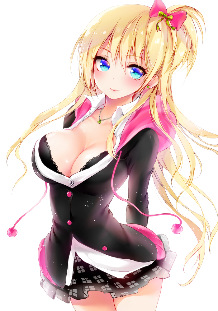 1girl, arms_behind_back, black_bra, black_skirt, blonde_hair, blue_eyes, blush, bra