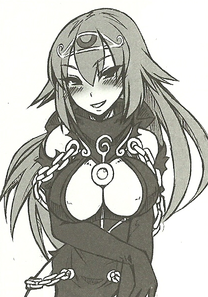 1girl, bare_shoulders, blush, breasts, chain, elbow_gloves, gloves, grin, humanization, kenkou_cross, large_breasts, long_hair, looking_at_viewer, monochrome, monster_girl_encyclopedia, nightmare_(monster_girl_encyclopedia), smile, solo