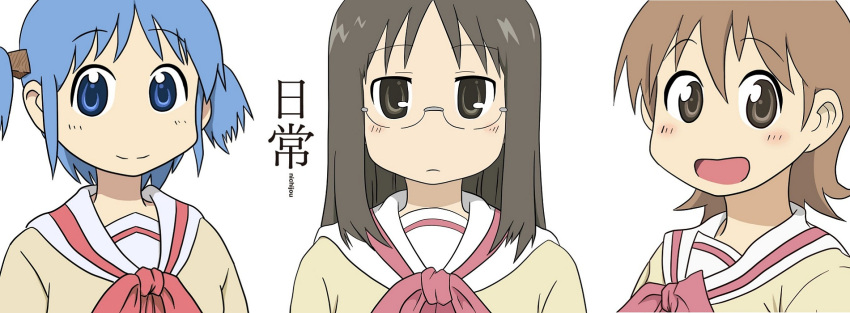 3girls, aioi_yuuko, black_eyes, black_hair, blue_eyes, blue_hair, brown_hair, copyright_name