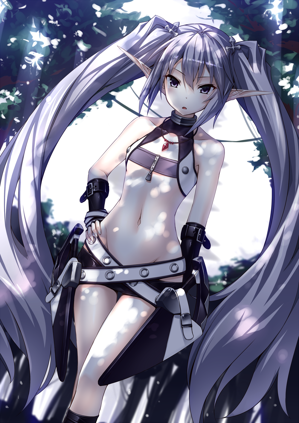 1girl, absurdly_long_hair, agarest_senki, agarest_senki_(series), bare_legs, bare_shoulders, beltskirt, blush, collarbone, dutch_angle, fyuria_(agarest_senki), hand_on_hip, highres, jewelry, kneehighs, leaf, long_hair, looking_at_viewer, midriff, miniskirt, navel, necklace, open_mouth, pointy_ears, purple_hair, skirt, small_breasts, solo, tree, twintails, ugume, very_long_hair, violet_eyes, wrist_guards