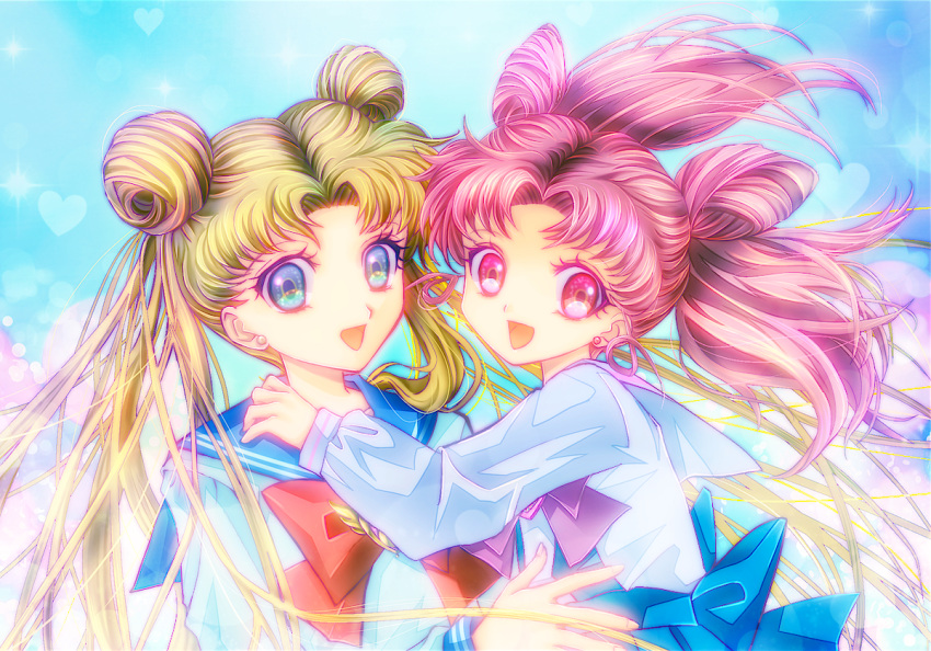 2girls, bishoujo_senshi_sailor_moon, blonde_hair, blue_background, blue_eyes, bow, chibi_usa, double_bun