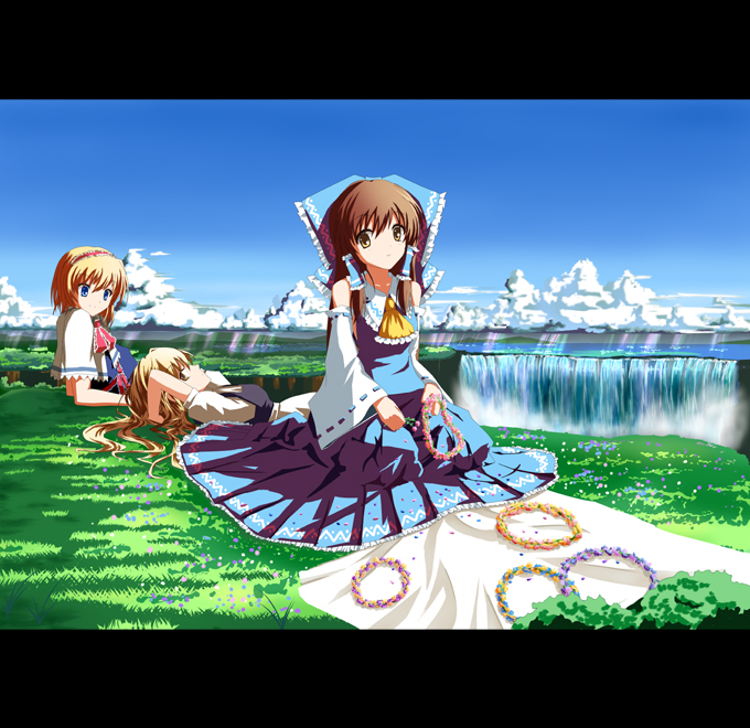 alternate_color, hakurei_reimu, kirisame_marisa, kuroi_hitsuji, lying, on_back, sitting, sky