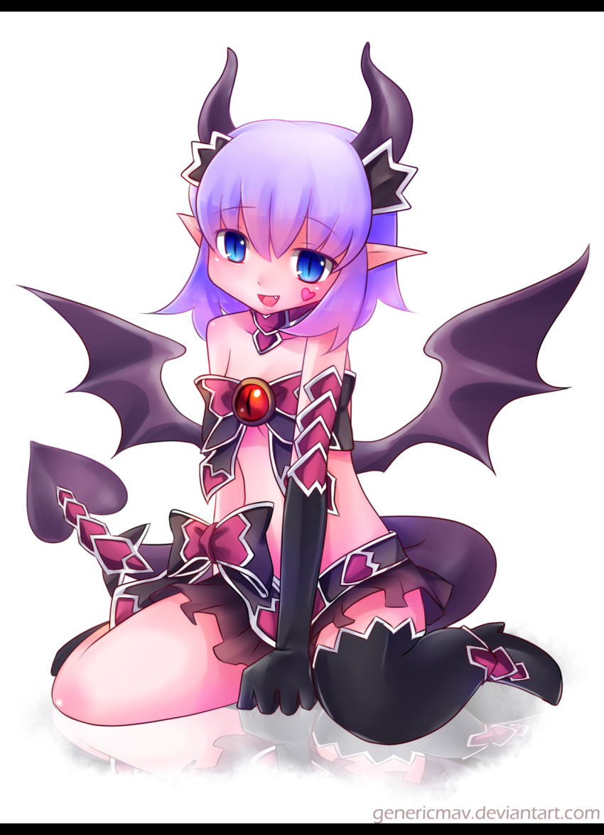1girl, :d, bandeau, bare_shoulders, between_legs, black_gloves, blue_eyes, boots, bow, character_request, demon_girl, demon_tail, demon_wings, elbow_gloves, facial_mark, fang, flat_chest, genericmav, gloves, hand_between_legs, heart_tattoo, highres, horns, letterboxed, looking_at_viewer, microskirt, mismatched_footwear, monster_girl, monster_girl_encyclopedia, open_mouth, pointy_ears, purple_hair, short_hair, simple_background, sitting, skirt, slit_pupils, smile, solo, tail, tattoo, thigh-highs, thigh_boots, wariza, white_background, wings