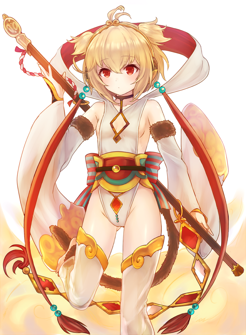1girl, ahoge, anchira_(granblue_fantasy), bangs, barefoot, blonde_hair, cleavage_cutout, detached_sleeves