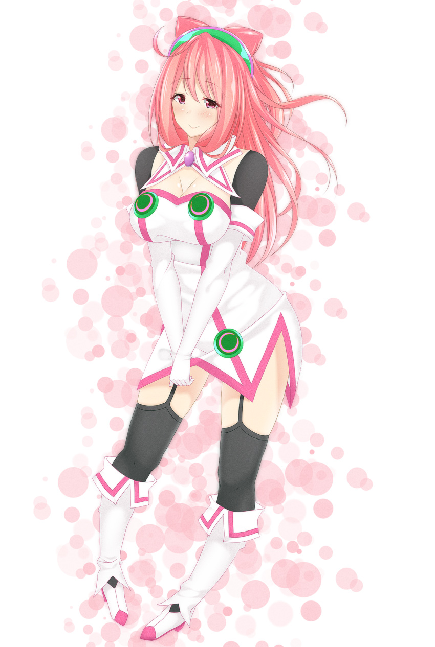1girl, black_legwear, blush, breasts, cleavage, garter_straps, gloves, hacka_doll