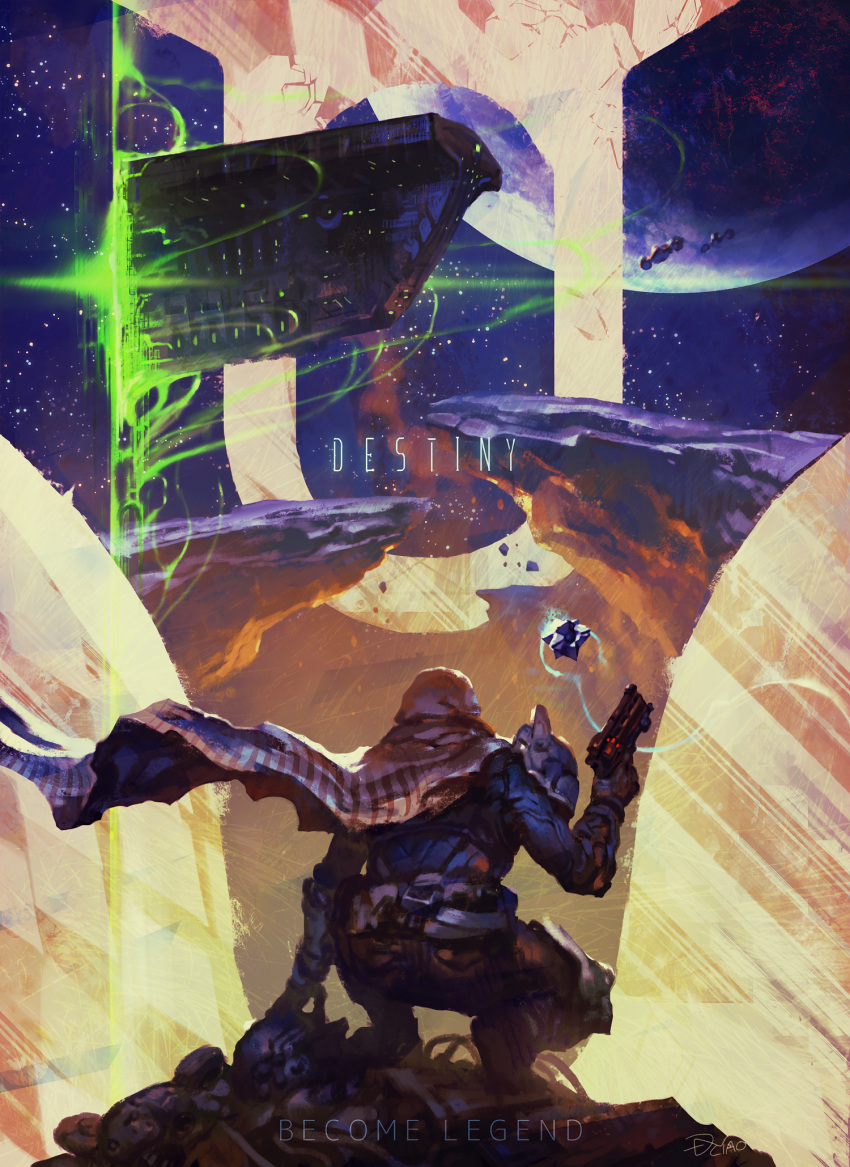 ambiguous_gender, armor, cape, dannoura_yuuki, destiny_(game), from_behind, ghost_(destiny), gun