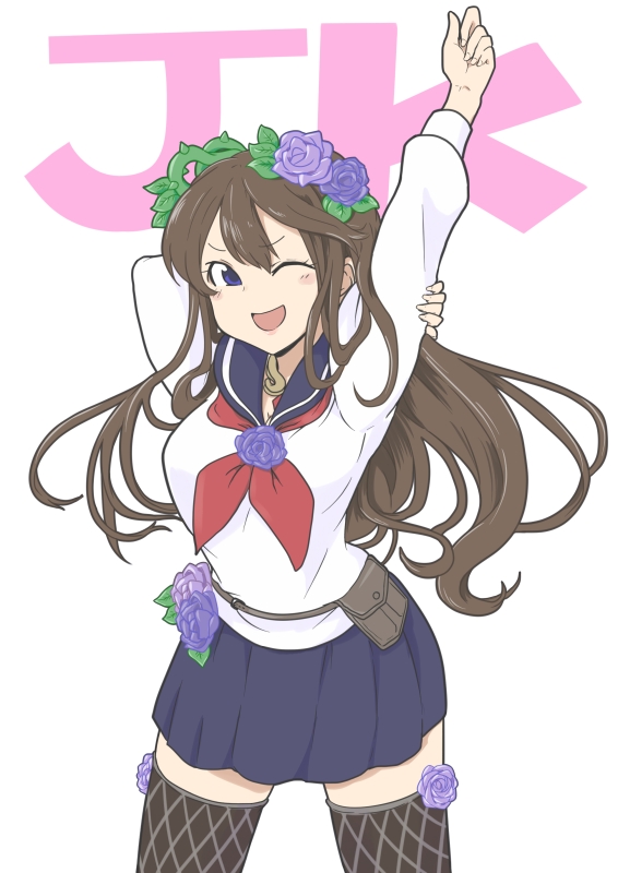 >;d, ;d, argyle, argyle_legwear, arm_behind_head, arm_up, bangs, black_legwear, blush, breasts, brown_hair, cleavage, contemporary, cowboy_shot, flower, granblue_fantasy, hair_between_eyes, hair_flower, hair_ornament, hisano1202, large_breasts, long_hair, long_sleeves, miniskirt, one_eye_closed, open_mouth, pleated_skirt, purple_rose, purple_skirt, rose, rosetta_(granblue_fantasy), school_uniform, serafuku, simple_background, skirt, smile, solo, thigh-highs, thorns, vines, violet_eyes, white_background, zettai_ryouiki