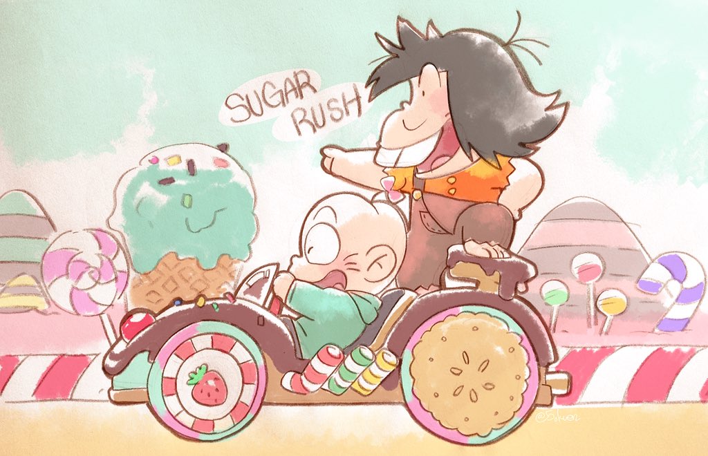 2boys, age_difference, bald, barefoot, buck_teeth, candy, chibita, child, driving, facial_hair, gokuen_(5okuen), hoodie, ice_cream_cone, iyami, lollipop, messy_hair, multiple_boys, mustache, osomatsu-kun, overalls, pointing, racecar, smile, torn_clothes, vanellope_von_schweetz, vanellope_von_schweetz_(cosplay), wreck-it_ralph, wreck-it_ralph_(character), wreck-it_ralph_(character)_(cosplay)