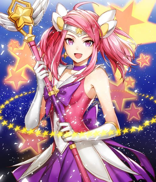 1girl, alternate_costume, breasts, gloves, hairband, komecchi, league_of_legends, luxanna_crownguard, magical_girl, open_mouth, pink_hair, star_guardian_lux, twintails