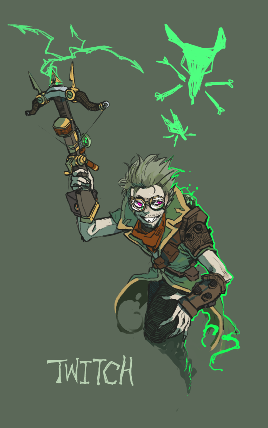 1boy, arrow, beard, bow_(weapon), character_name, crossbow, facial_hair, goggles, green_background, green_hair, highres, league_of_legends, personification, pink_eyes, sf_jd, solo, twitch, weapon