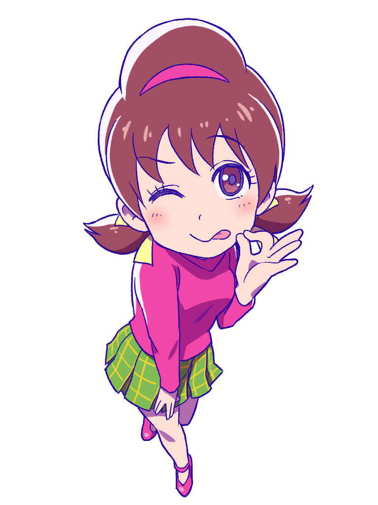 1girl, ;q, blush, brown_eyes, brown_hair, from_above, green_skirt, hair_ribbon
