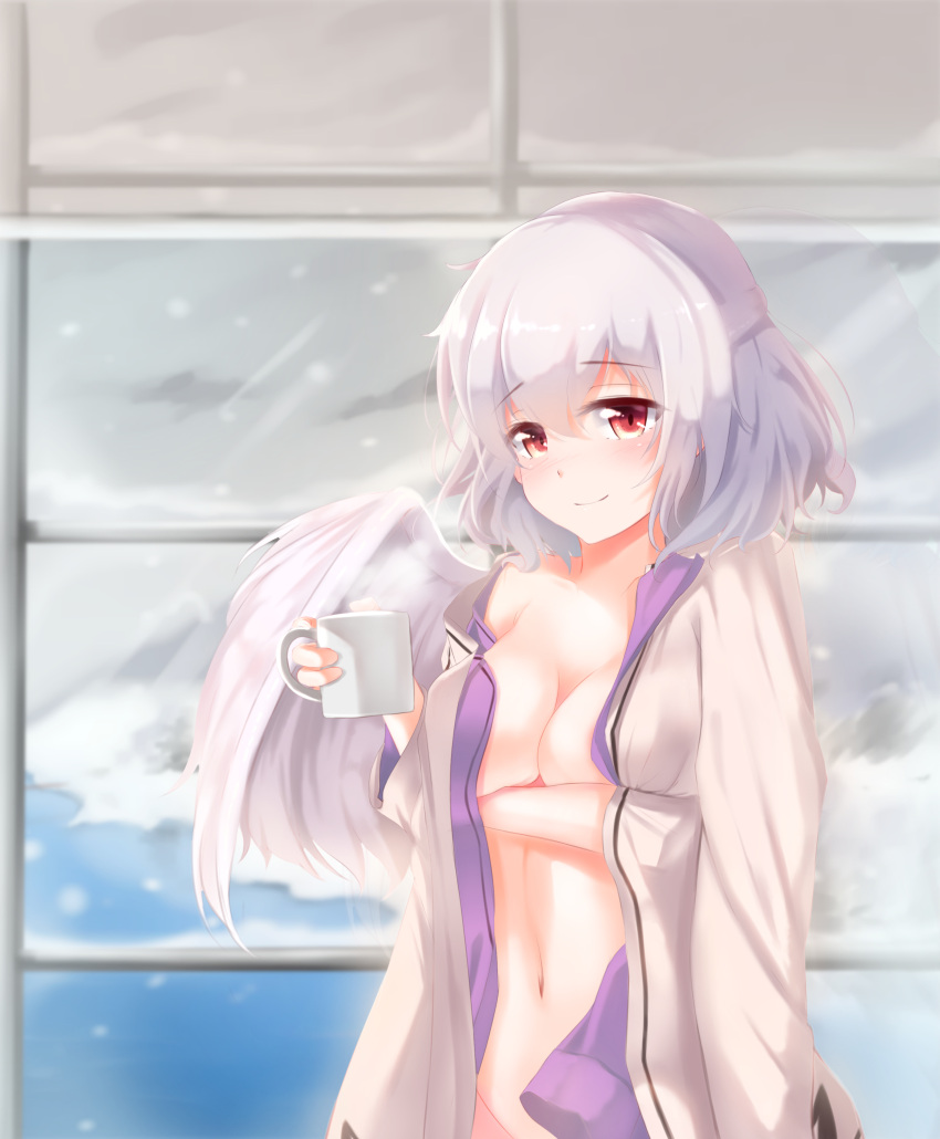 1girl, absurdres, blush, breast_hold, coffee_mug, drink, highres, holding