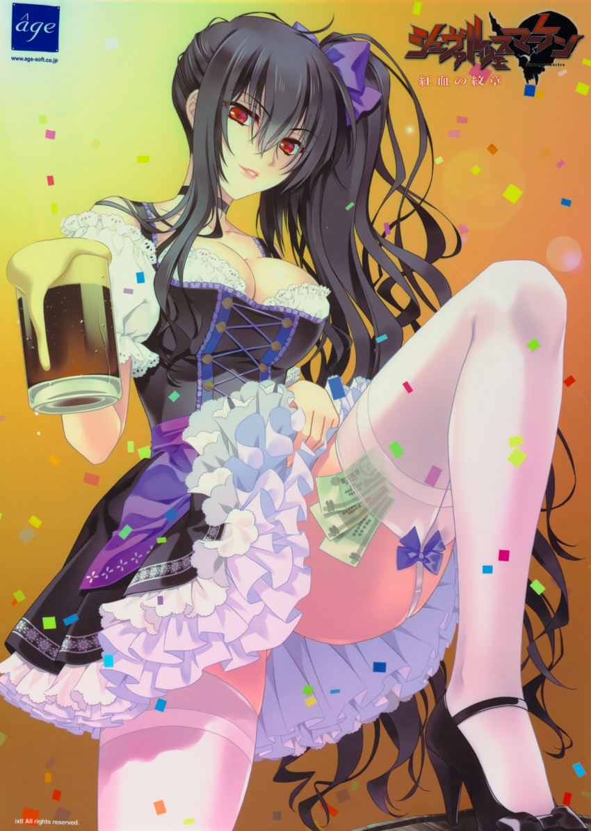 1girl, absurdres, beatrix_bremer, beer_mug, black_hair, breasts, carnelian, character_request