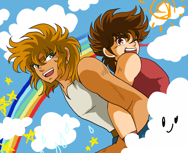 2boys, ;d, back-to-back, blonde_hair, blue_sky, brown_hair, clouds, denim