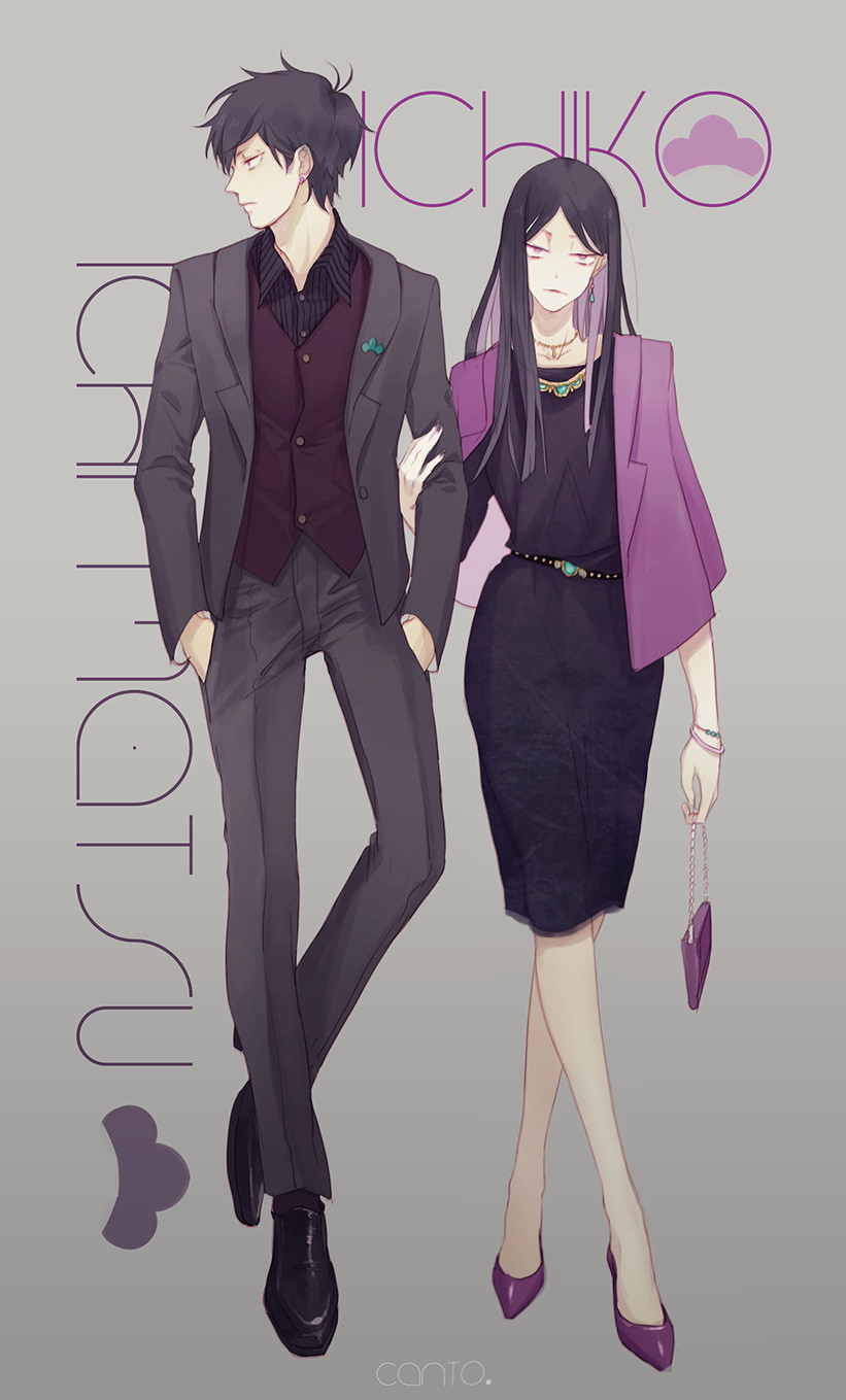 1boy, 1girl, _canto, alternate_costume, artist_name, bag, bangs, black_dress