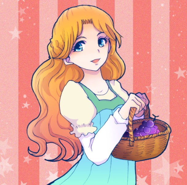 1girl, basket, blue_dress, blue_eyes, brown_hair, dress, erina_pendleton, food, fruit, grapes, holding, jojo_no_kimyou_na_bouken, open_mouth, smile, solo, star, starry_background, striped, striped_background, upper_body, yoshinamiuijin