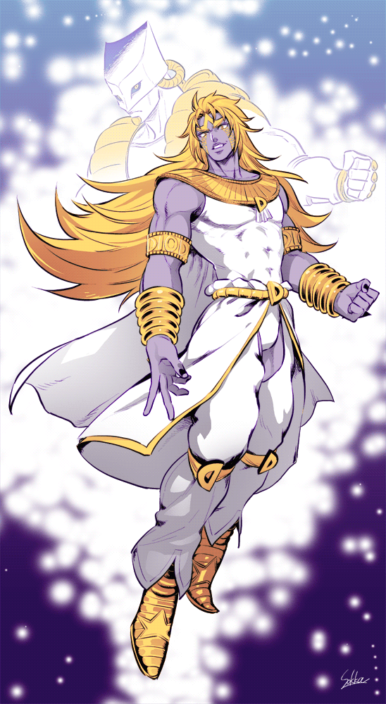 armband, blonde_hair, facial_mark, full_body, heaven_ascended_dio, jojo_no_kimyou_na_bouken, jojo_no_kimyou_na_bouken:_eyes_of_heaven, knee_pads