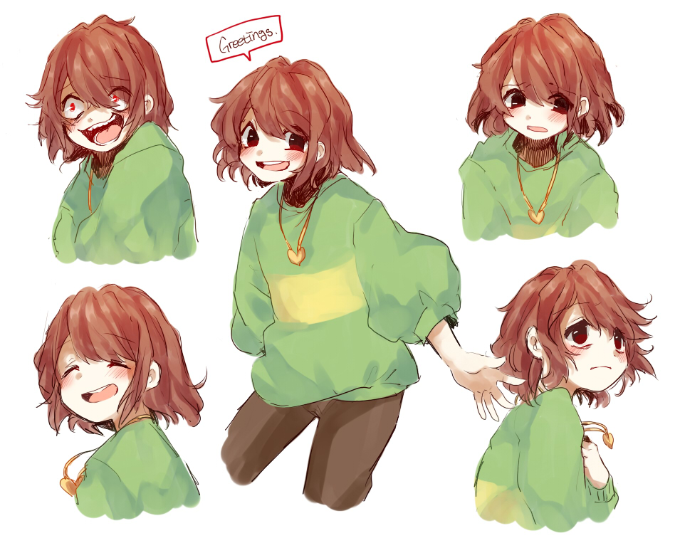 :d, androgynous, blush_stickers, brown_hair, chara_(undertale), character_sheet, crazy_eyes, english, expressions, heart, heart_necklace, koyashaka59, open_mouth, red_eyes, shirt, smile, solo, spoilers, striped, striped_shirt, tagme, undertale, white_background