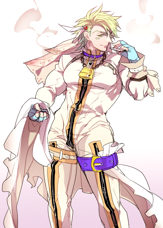 1boy, blonde_hair, bodysuit, caesar_anthonio_zeppeli, chikusawa, cosplay, fate/extra, fate/extra_ccc, fate_(series), green_eyes, jojo_no_kimyou_na_bouken, lock, padlock, saber_bride, saber_bride_(cosplay), solo, veil