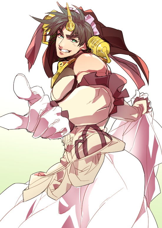 berserker_of_black, berserker_of_black_(cosplay), brown_hair, chikusawa, cosplay, dress, elbow_gloves, fate/apocrypha, fate_(series), gloves, green_eyes, horn, jojo_no_kimyou_na_bouken, joseph_joestar_(young), manly, parody, pointing, solo, veil