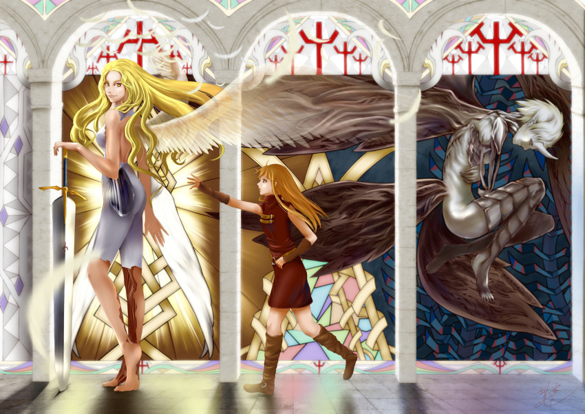 3girls, absurdres, artist_request, barefoot, blonde_hair, boots, clare_(claymore), claws