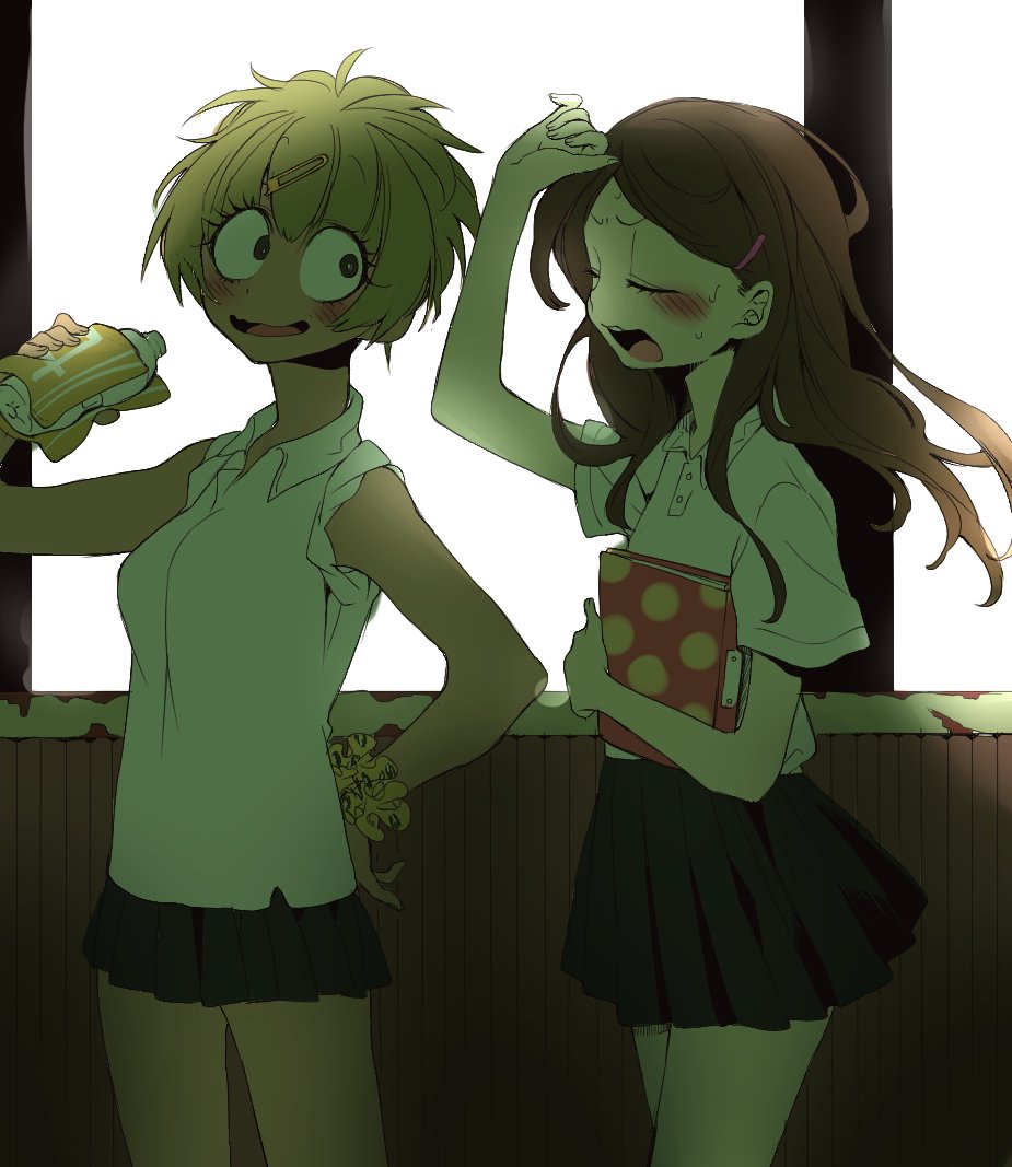 2girls, akiomi_aiko, backlighting, binder, blush, bottle, brown_hair, dark_skin