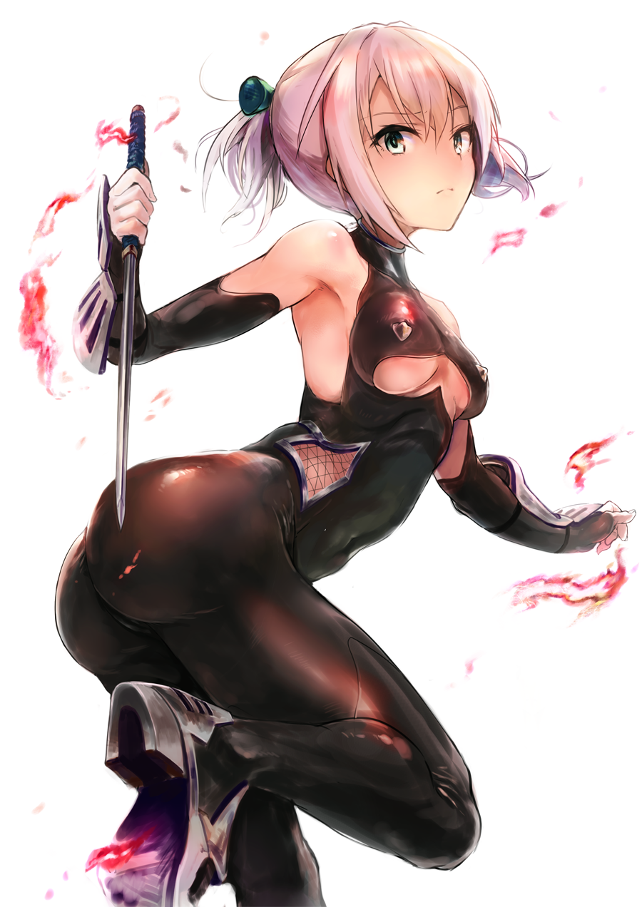 1girl, ass, bare_shoulders, black_legwear, blue_eyes, blush, bodysuit, breasts, cleavage, cleavage_cutout, elbow_gloves, from_behind, gloves, highres, kantai_collection, katana, kuzu_(miduhana), looking_at_viewer, looking_back, ninja, pantyhose, pink_hair, ponytail, reverse_grip, shiranui_(kantai_collection), short_hair, short_ponytail, short_sword, skin_tight, solo, sword, weapon