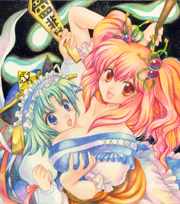 bad_id, blue_eyes, breasts, cleavage, green_hair, hat, multiple_girls, onozuka_komachi