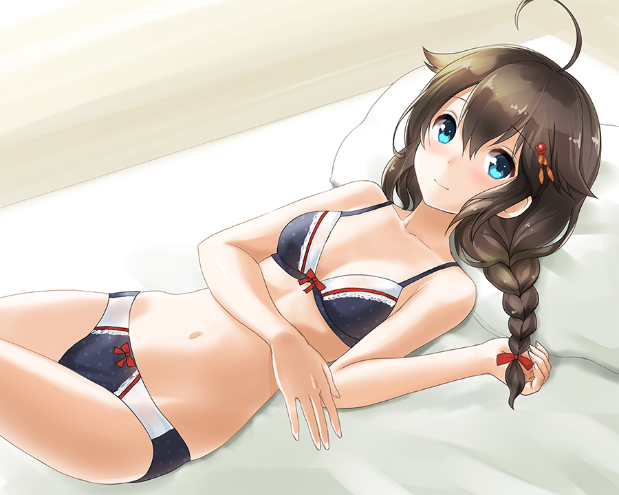 1girl, bed_sheet, bikini, black_bikini, blue_eyes, blush, braid, brown_hair