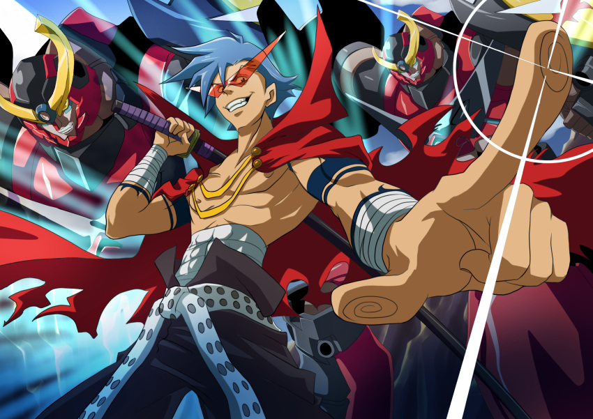 1boy, belt, blue_hair, cape, fingerprint, grin, gurren-lagann, highres, kamina, kamina_shades, katana, lens_flare, male_focus, mecha, over_shoulder, pointing, sarashi, shirtless, smile, sunglasses, sword, sword_over_shoulder, tattoo, tengen_toppa_gurren_lagann, weapon, weapon_over_shoulder, zeke_(analogmon)