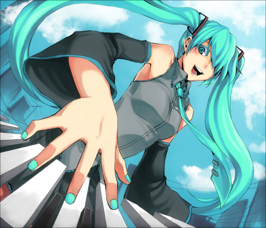 aqua_hair, blush, detached_sleeves, dpzkzl, hatsune_miku, long_hair, nail_polish, necktie