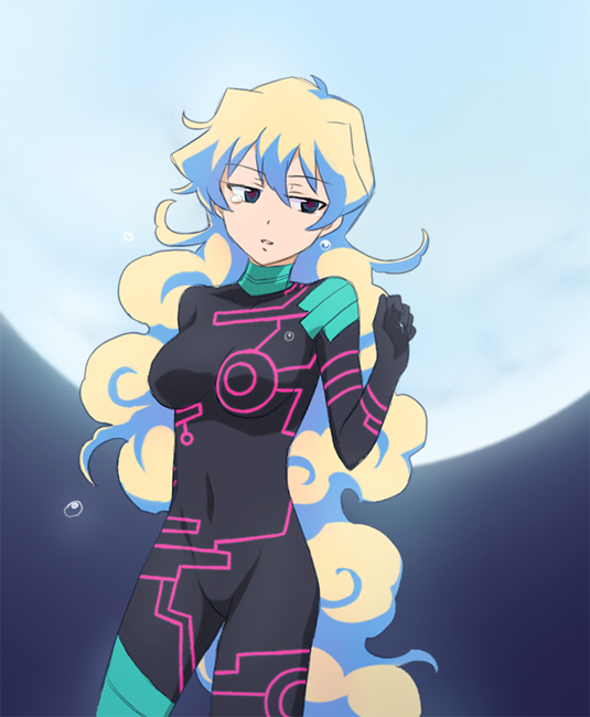+_+, 1girl, antispiral_nia, bodysuit, long_hair, moon, multicolored_hair, nia_teppelin