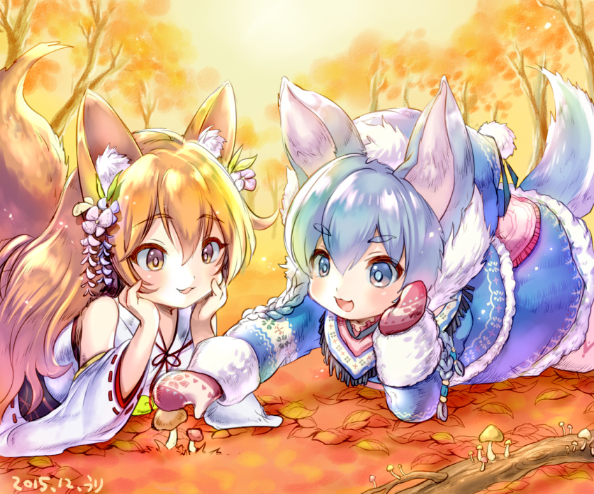 2girls, :d, animal_ears, autumn, autumn_leaves, blonde_hair, blue_eyes, blue_hair