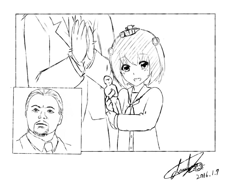 1boy, 1girl, clapping, darkmaya, dated, kantai_collection, leonardo_dicaprio, monochrome, signature, yukikaze_(kantai_collection)