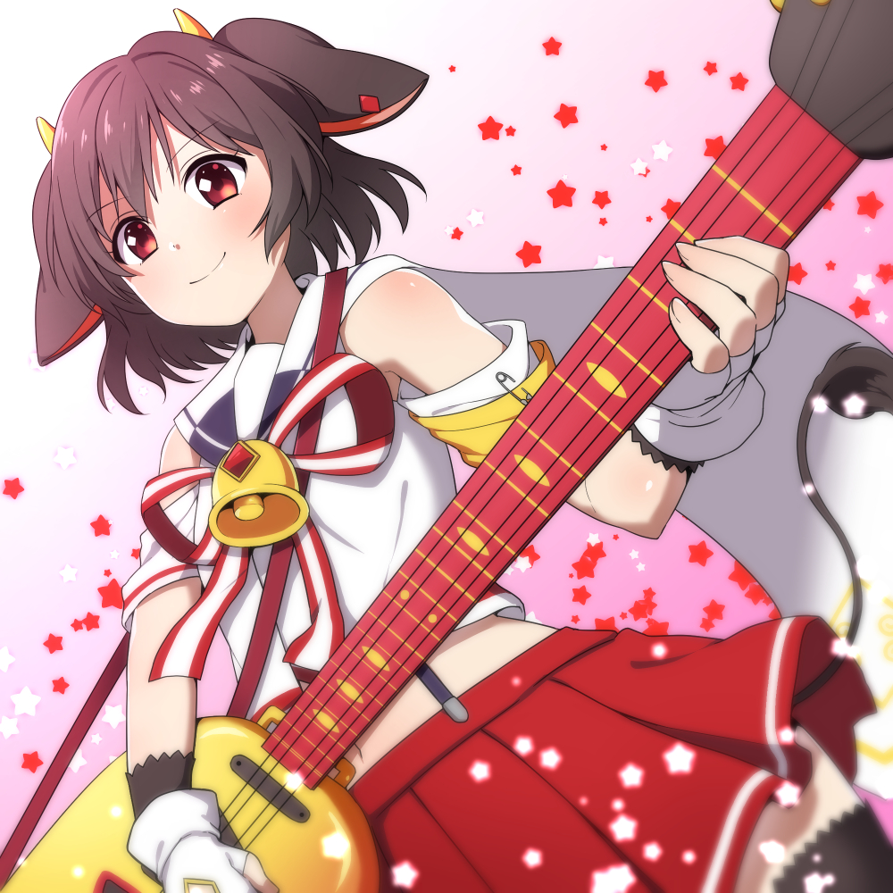 1girl, animal_ears, bell, brown_hair, cow_ears, electric_guitar, fingerless_gloves, gloves, gradient, gradient_background, guitar, hinnu@ao, holmy_(show_by_rock!!), horns, instrument, looking_at_viewer, midriff, red_eyes, red_skirt, ribbon, short_hair, show_by_rock!!, skirt, smile, solo, star, starry_background, suspenders, white_gloves