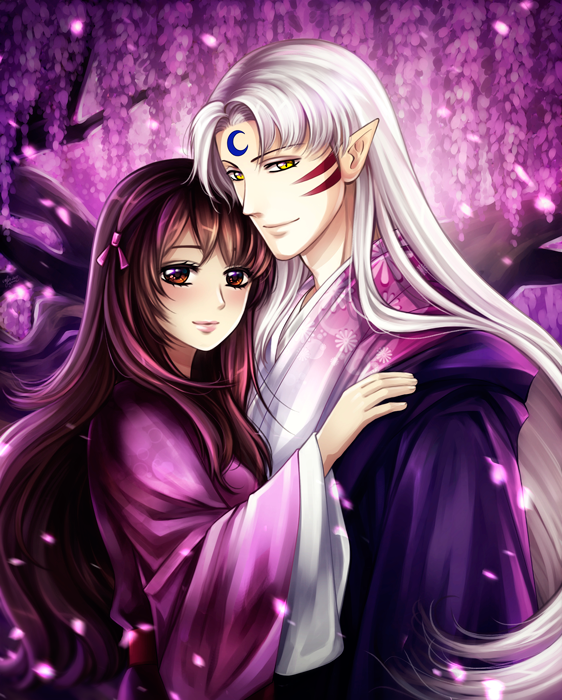 1boy, 1girl, bangs, blush, brown_eyes, brown_hair, couple, crescent