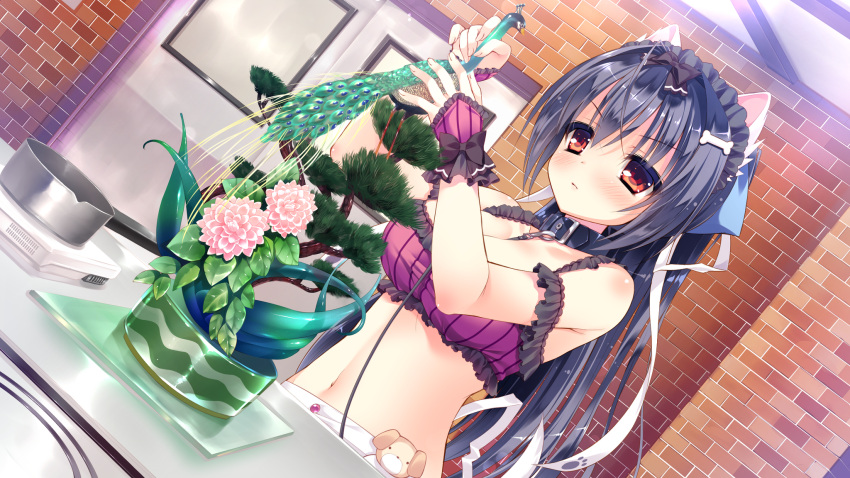 1girl, animal_ears, black_hair, breasts, cleavage, game_cg, highres, indoors, inuyama_michiyo, long_hair, navel, rubi-sama, solo, violet_eyes, wan_nyan_a_la_mode!