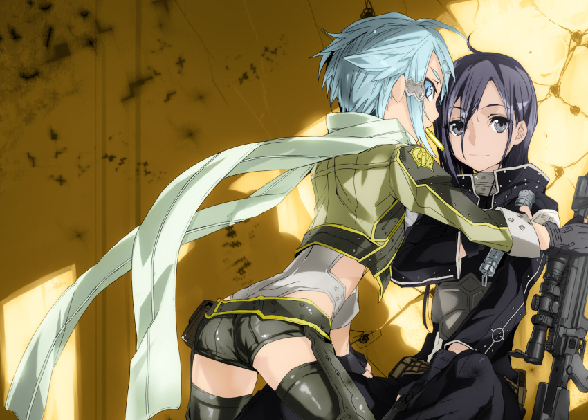 1boy, 1girl, androgynous, anti-materiel_rifle, black_eyes, black_hair, black_legwear, black_shorts, blue_eyes, blue_hair, bolt_action, gun, highres, kirito, long_hair, pgm_hecate_ii, rifle, rikusempai, scope, shinon_(sao), short_shorts, shorts, sniper_rifle, sword_art_online, thigh-highs, weapon