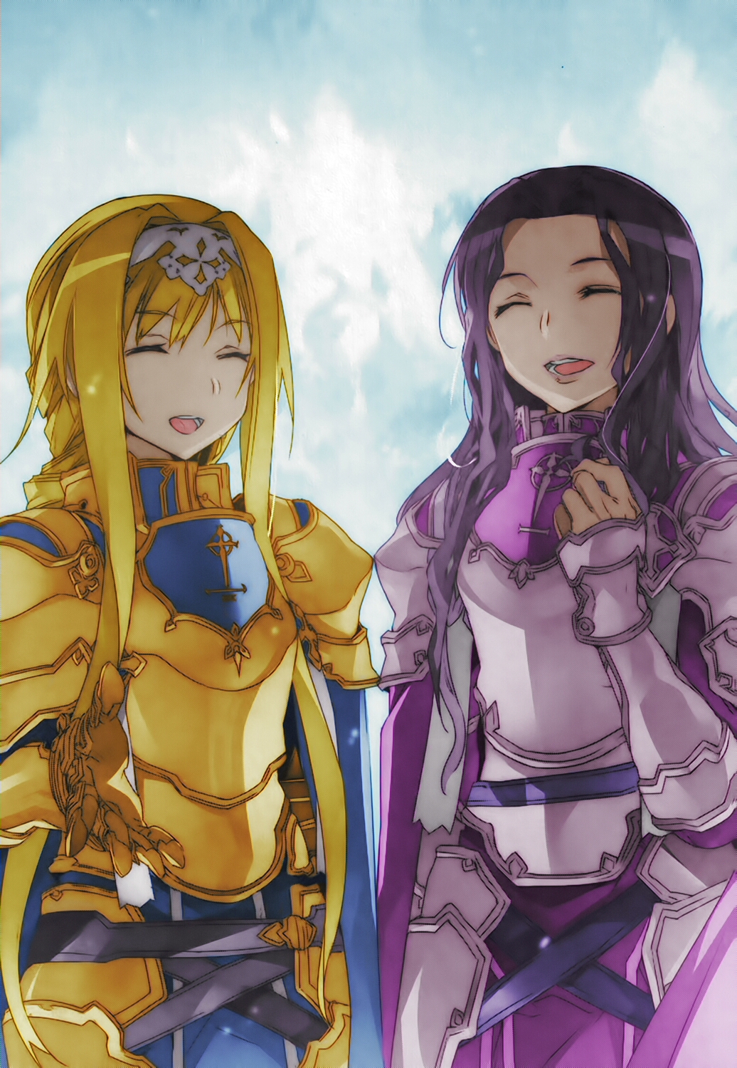 2girls, armor, blonde_hair, character_request, closed_eyes, gauntlets, highres, long_hair