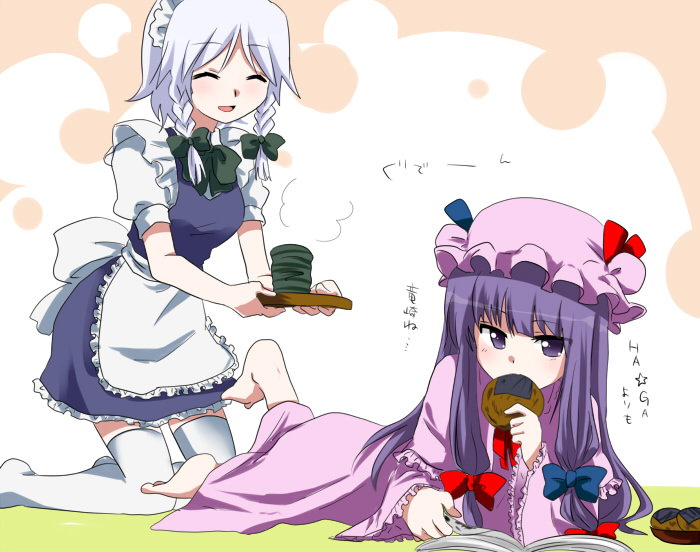bad_id, barefoot, book, braid, cake, closed_eyes, crackers, crescent, eating, food, hat, izayoi_sakuya, long_hair, lying, maid, maid_headdress, marimo_danshaku, multiple_girls, on_stomach, open_book, patchouli_knowledge, purple_eyes, purple_hair, reading, ribbon, senbei, short_hair, silver_hair, tea, thigh-highs, thighhighs, touhou, twin_braids, violet_eyes