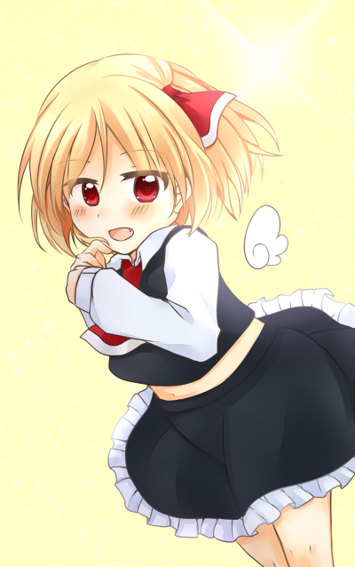 1girl, ascot, blonde_hair, blush, chiya, fang, hair_ribbon, mini_angel_wings