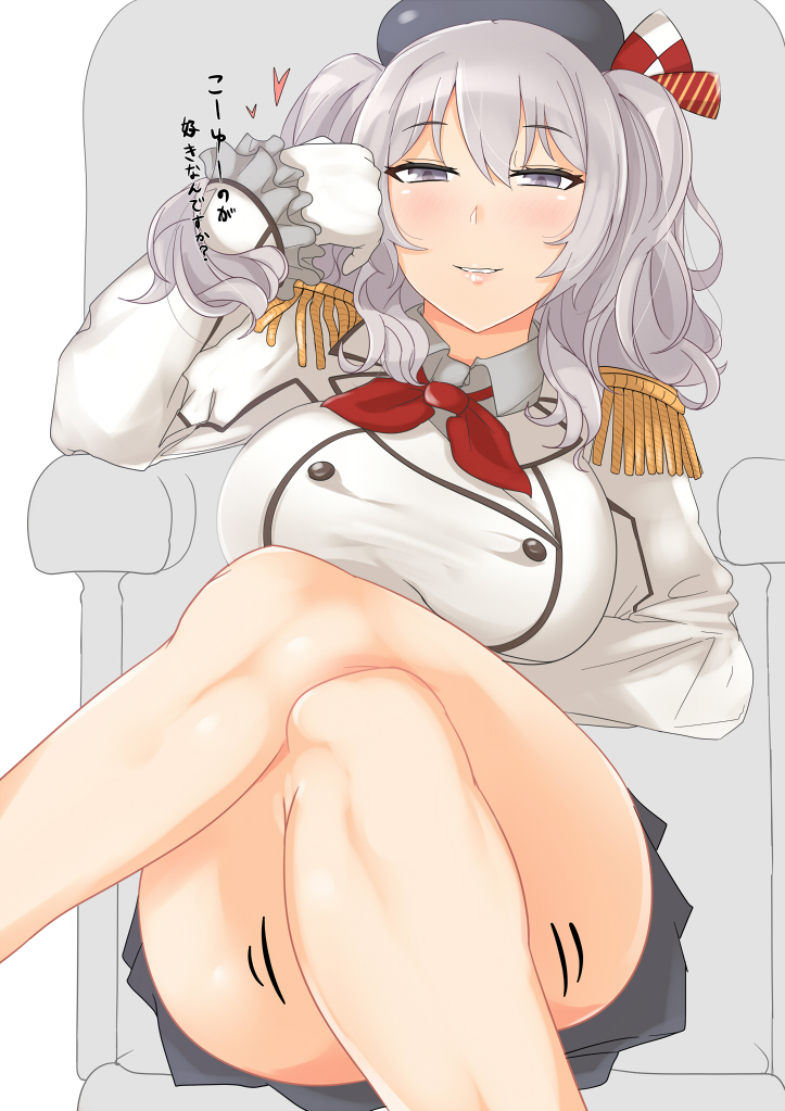 1girl, beret, breasts, commentary_request, crossed_legs, epaulettes, gloves, grey_eyes