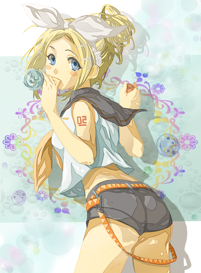 bad_id, belt, blonde_hair, blue_eyes, blush, bow, hair_bow, hair_ornament