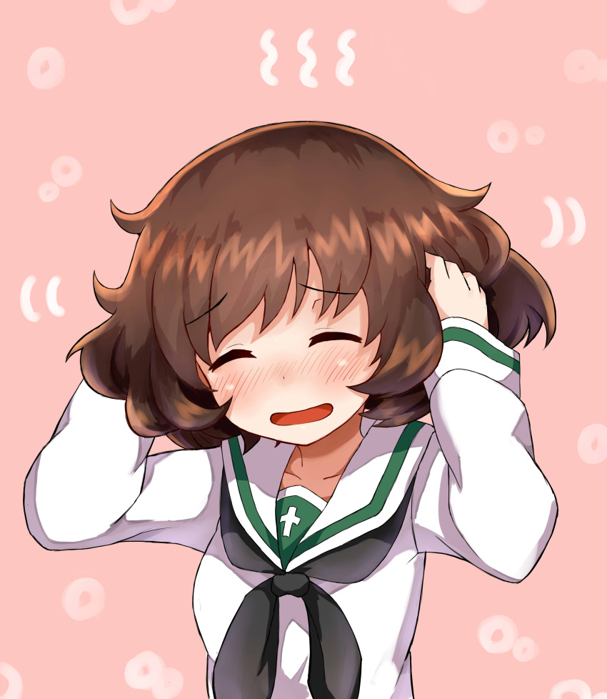 1girl, absurdres, akiyama_yukari, blush, brown_hair, closed_eyes, commentary, embarrassed, fume, girls_und_panzer, hands_on_own_head, highres, long_sleeves, neckerchief, okitsugu, school_uniform, serafuku, short_hair, shy, solo, upper_body, white_blouse