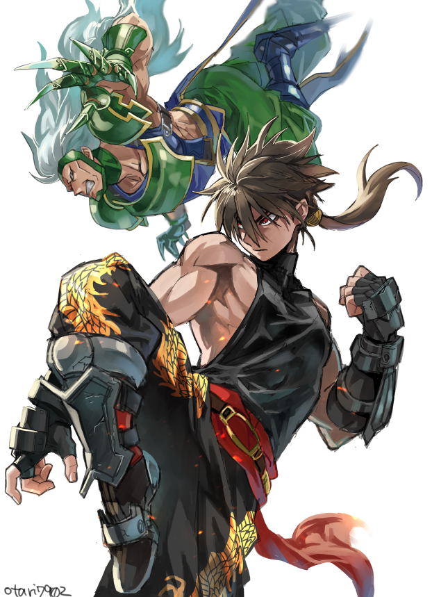 2boys, armor, brown_hair, cannon_dancer, claws, indesign, kirin_(cannon_dancer), long_hair