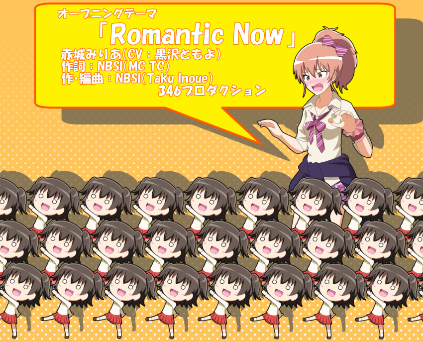 2girls, akagi_miria, artist_request, black_hair, blush, bow, chibi, clone, hair_bow, highres, idolmaster, idolmaster_cinderella_girls, jougasaki_mika, marching, multiple_girls, o_o, open_mouth, parody, pink_hair, ponytail, short_hair, smile, someone_else, twintails, working!!, yellow_eyes