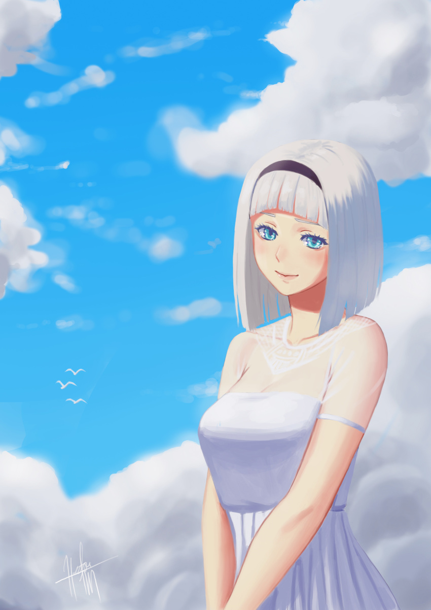 1girl, absurdres, anna_nishikinomiya, bird, blue_eyes, blue_sky, carlo_montie, clouds