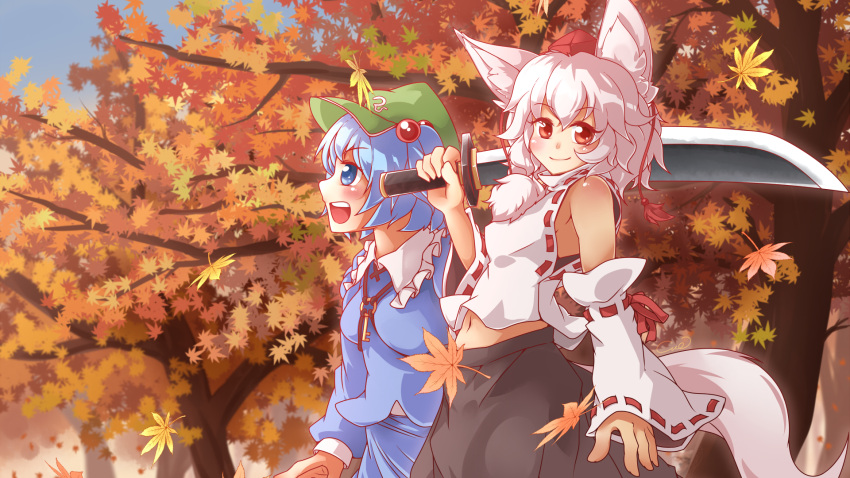 2girls, animal_ears, autumn, autumn_leaves, blue_eyes, blue_hair, blush, collaboration
